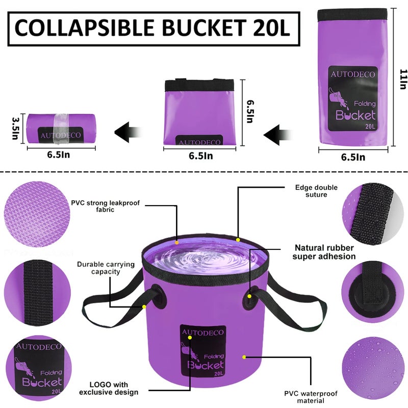 AUTODECO 22Pcs Car Wash Cleaning Tools Kit Car Detailing Set with Canvas Bag Purple Collapsible Bucket Wash Mitt Sponge Towels Tire Brush Window Scraper Duster Complete Interior Car Care Kit - Image 2